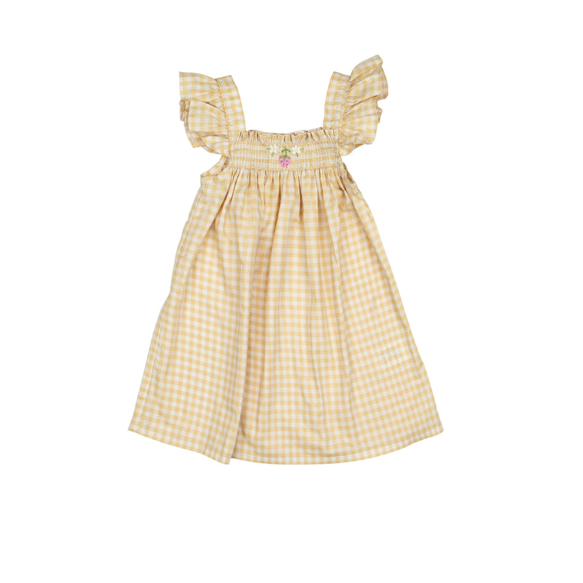 Smock Flutter Dress in Yellow Gingham/Strawberry
