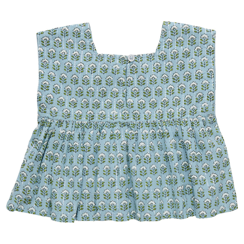 Girls Kamari Top - Blue Prairie Block Print