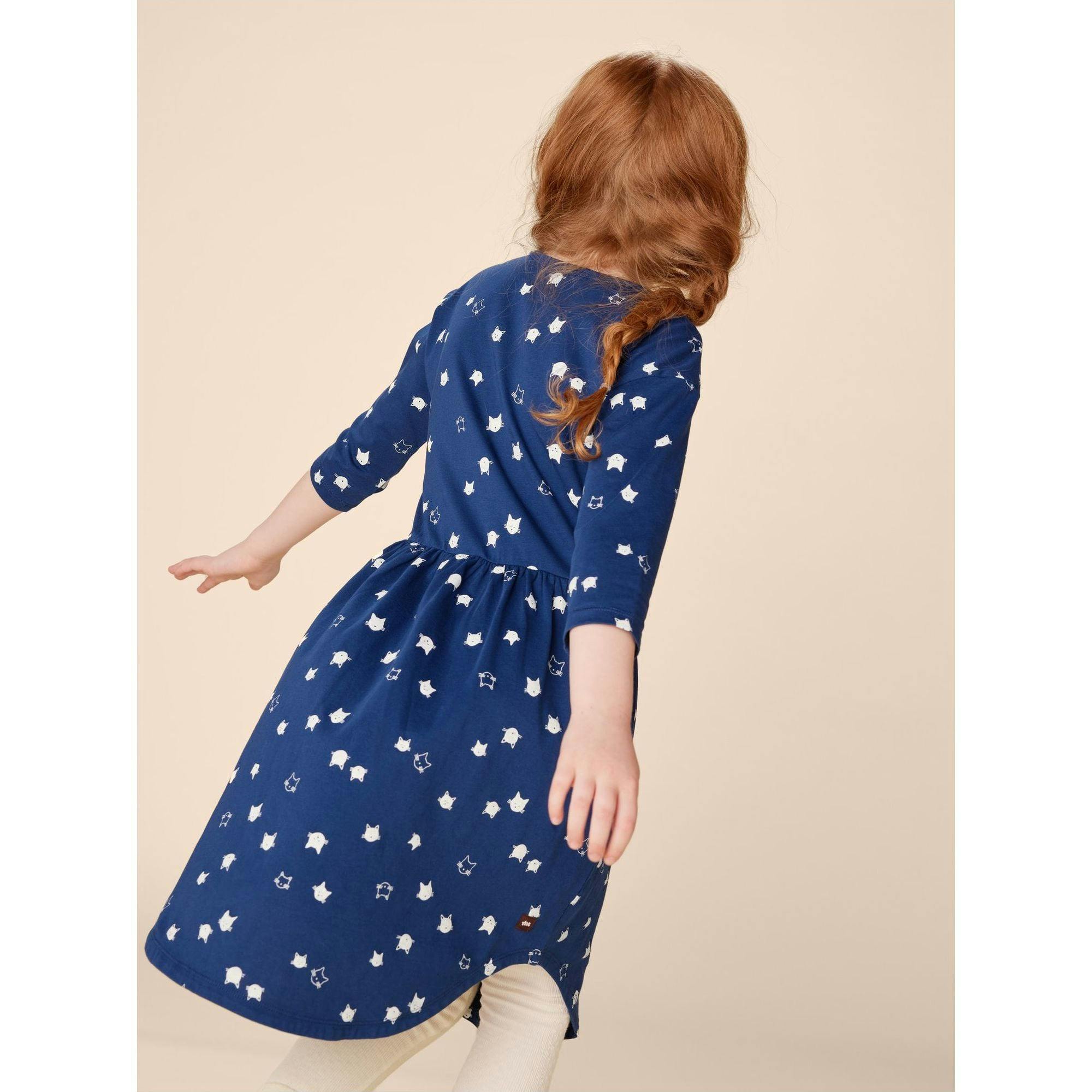 Graphic Print Crew Neck Long Sleeve Elastic Waist Midi Dress, Blue