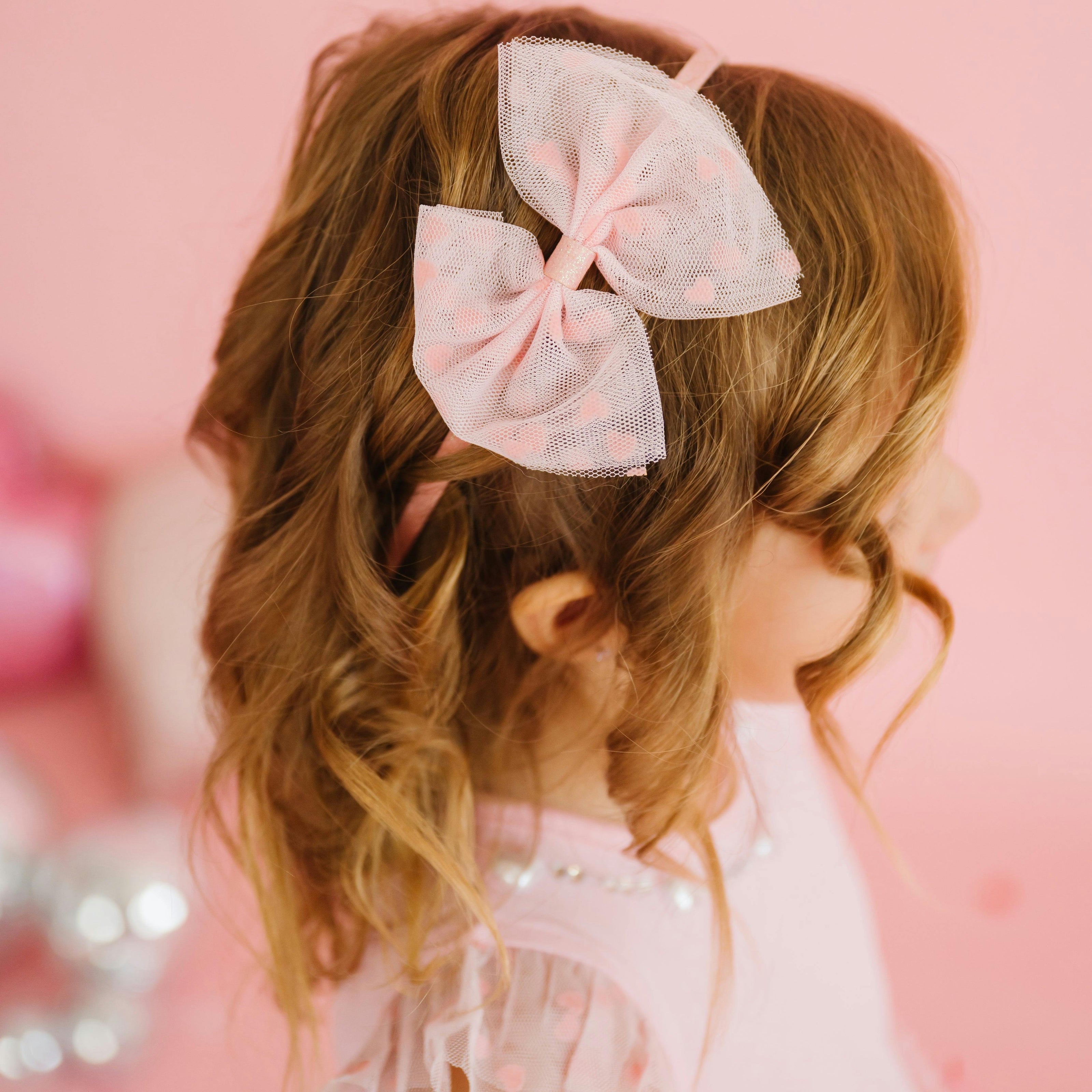 Flocked Heart Tulle Bow Headband