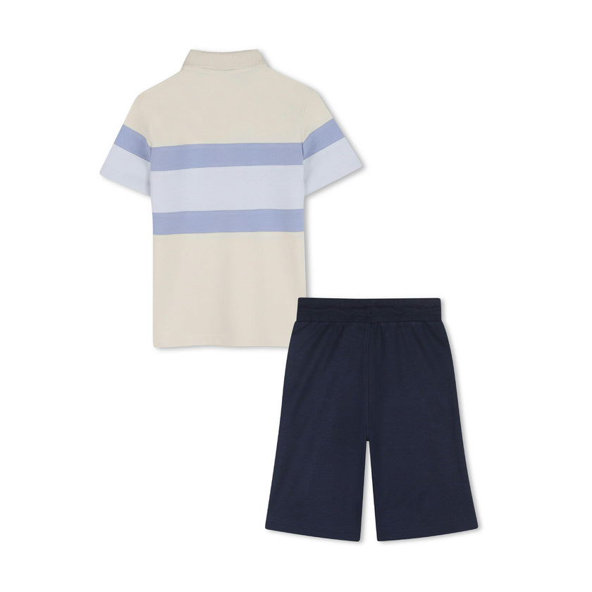 Beige & Blue Striped Polo Set
