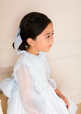 Daisy Embroidered Hand Smocked Long Sleeve Dress in Blue (18mths-8yrs)