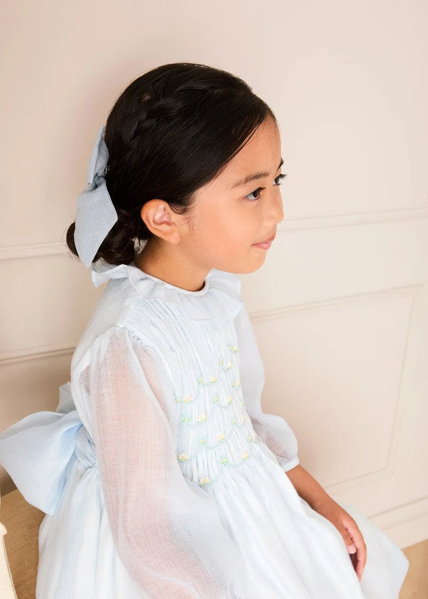 Daisy Embroidered Hand Smocked Long Sleeve Dress in Blue (18mths-8yrs)