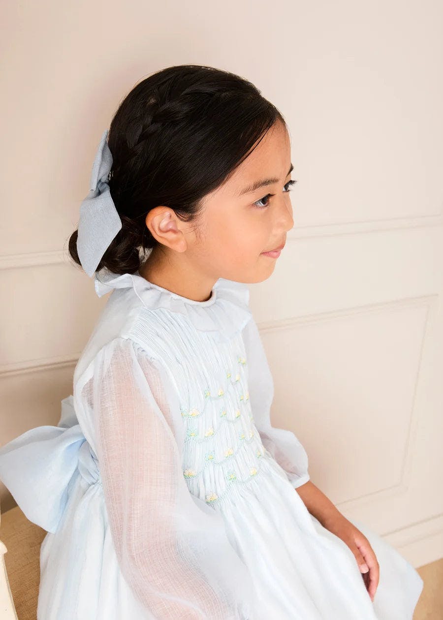 Daisy Embroidered Hand Smocked Long Sleeve Dress in Blue (18mths-8yrs)