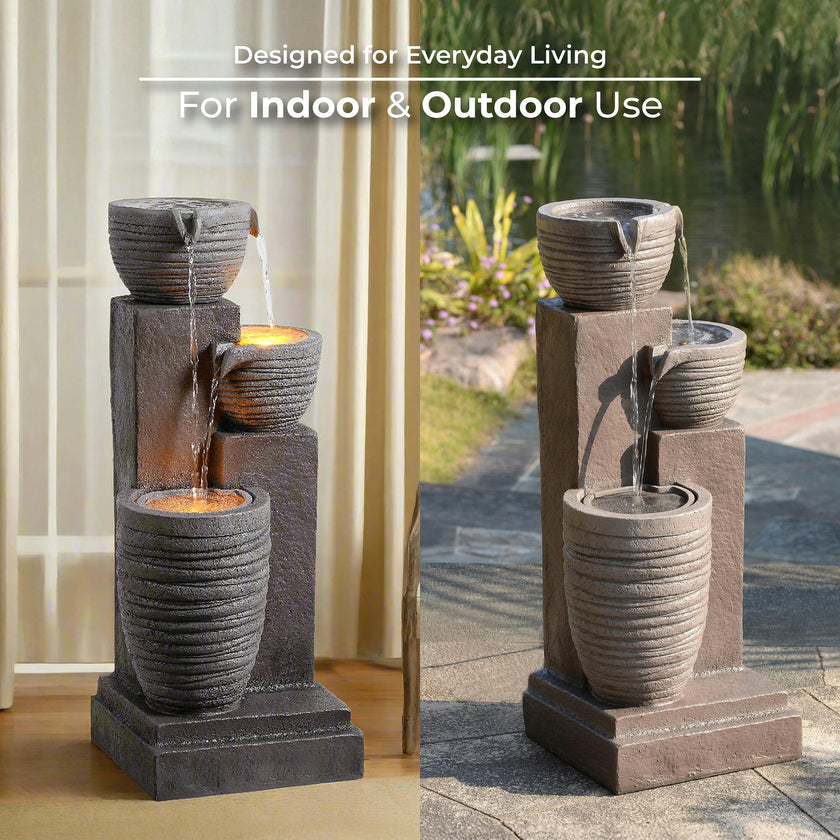 Teamson Home Horizontal Ribbed Pattern Outdoor Water Fountain with Warm Glow Lighting