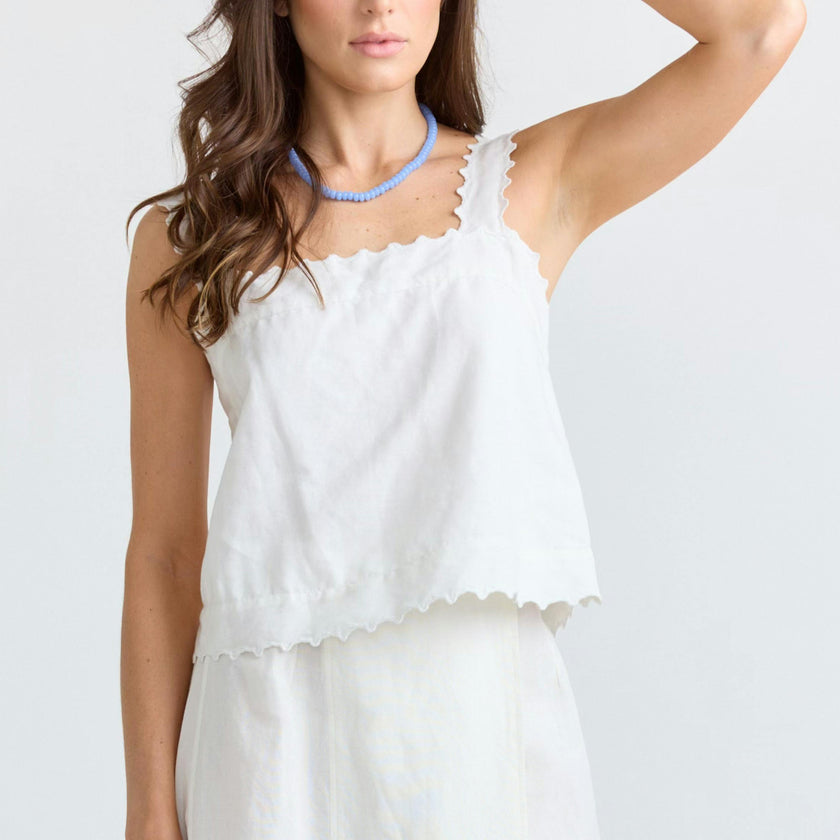 women's white linen scalloped tank