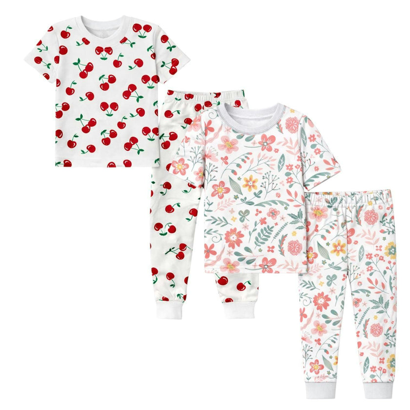 Kids and Toddlers 2 Pack Cherries/Flowers Short Sleeve Snug Fitted Pajamas