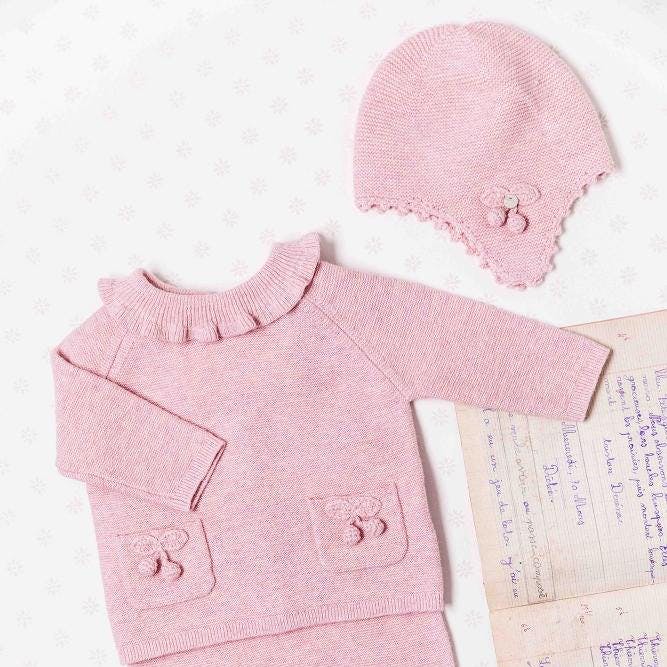 Mid pink soft knit hat with cherry detail