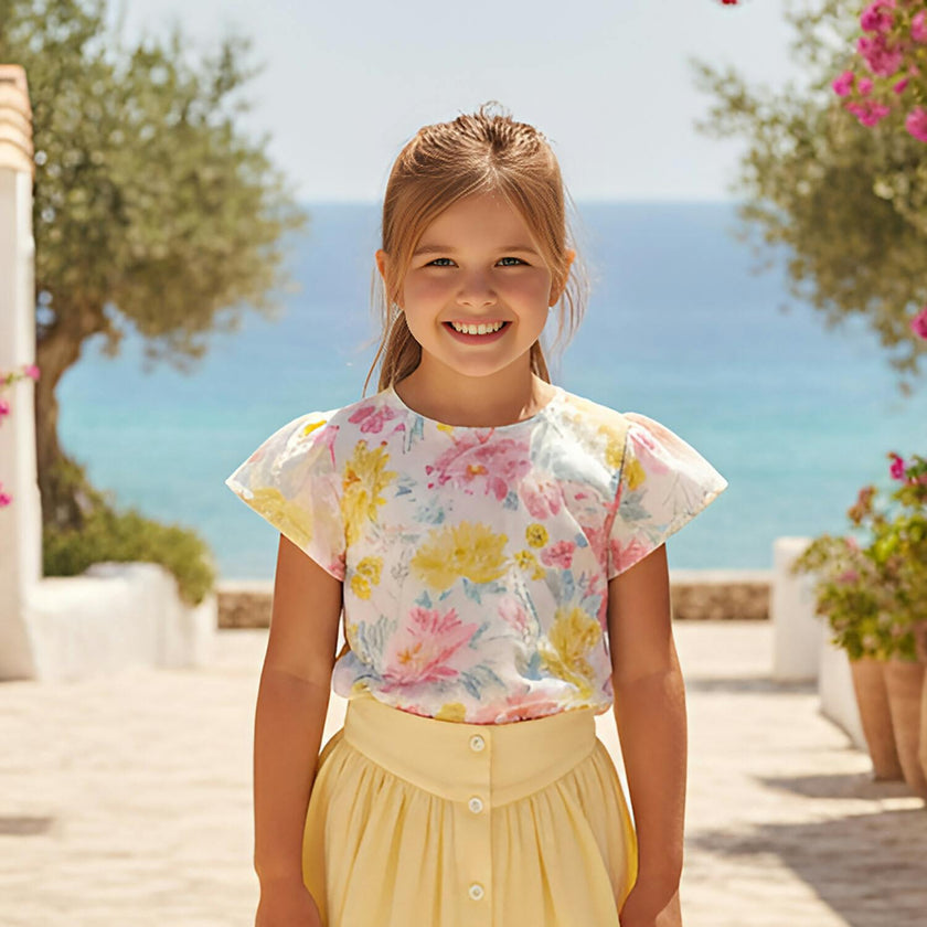 Elara Girl Blouse Short Sleeve, Yellow Pink Lagoon
