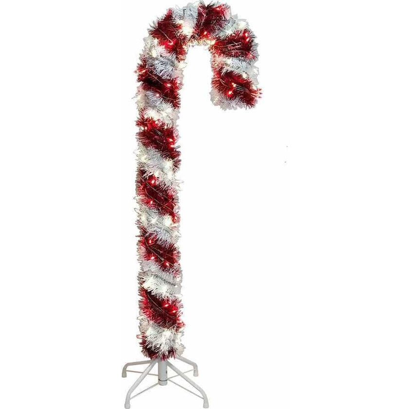 4-Foot Pre-Lit Red and White LED Tinsel Candy Cane