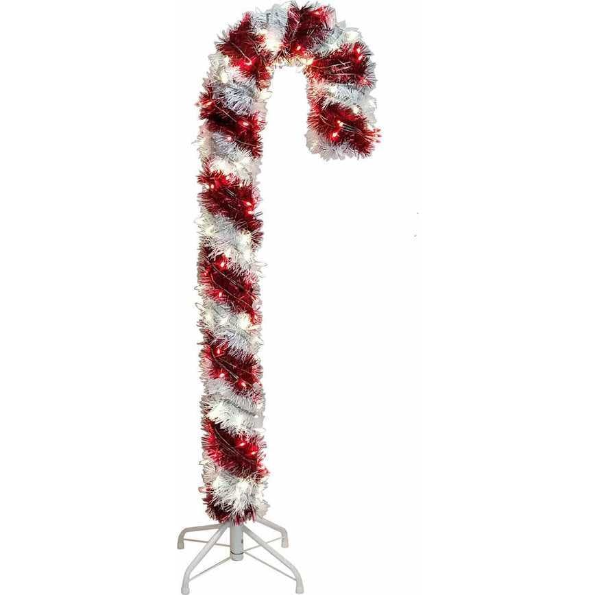 4-Foot Pre-Lit Red and White LED Tinsel Candy Cane