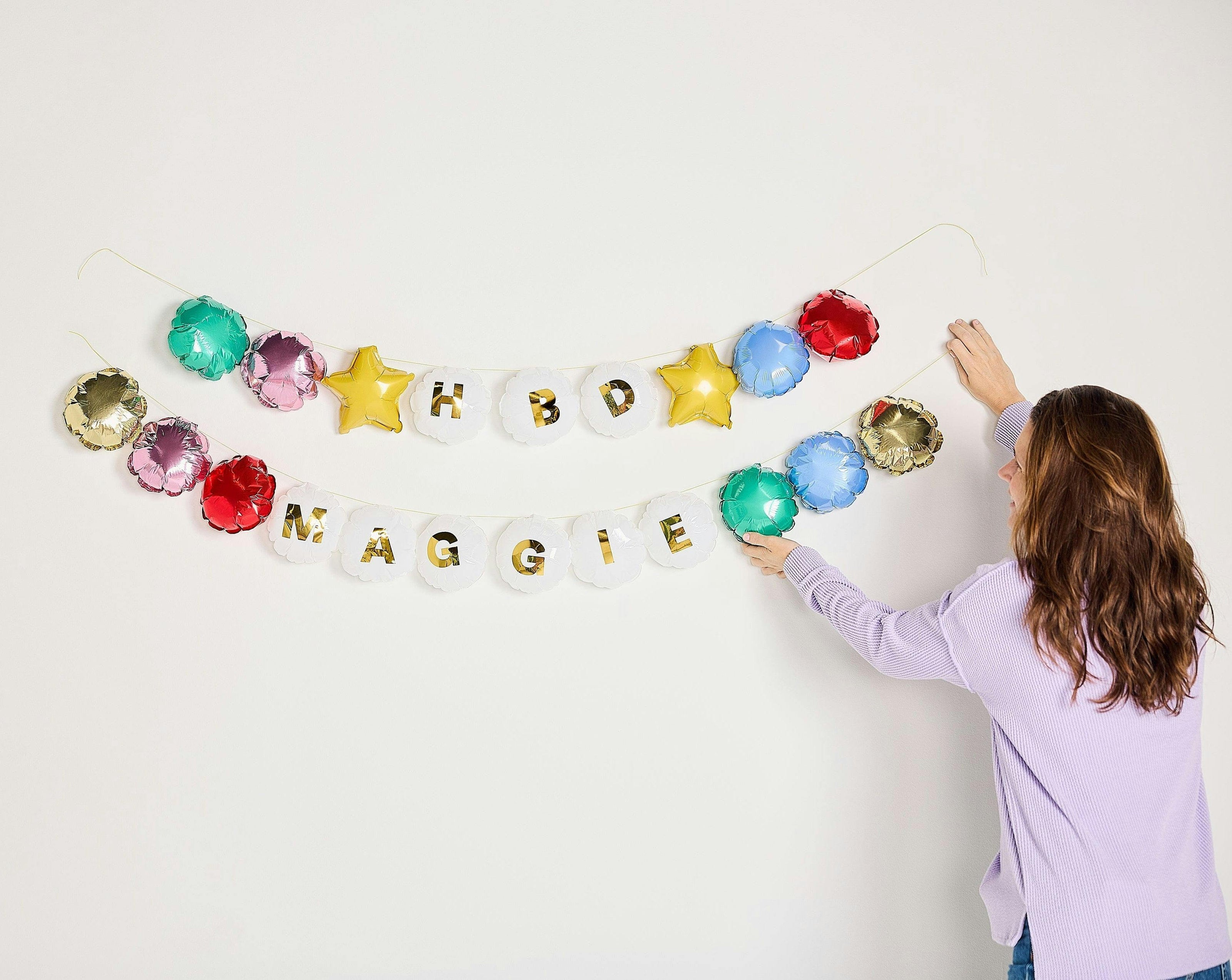 Packed Party Birthday Era Customizable Balloon Garland Banner 60ct - Beaded Bracelet-Style 5-Inch Mylar Balloons with 114 Gold Letters, Strings, and Glue Dots