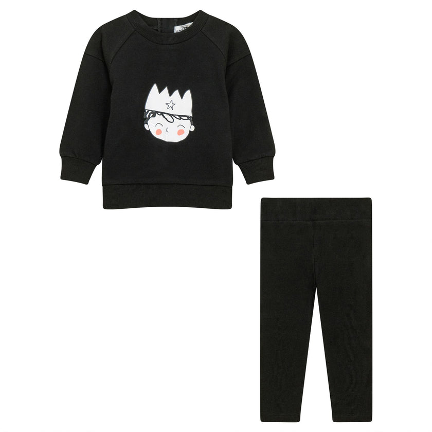 Crown Print Ribbed Elastic Waist Top and Leggings Two Piece Set