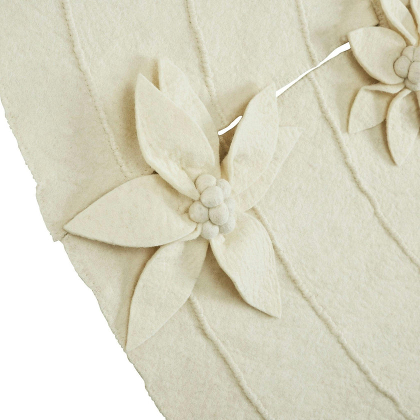 Poinsettia Buttons Cream Hand Felted Wool XL Christmas Tree Skirt 72"
