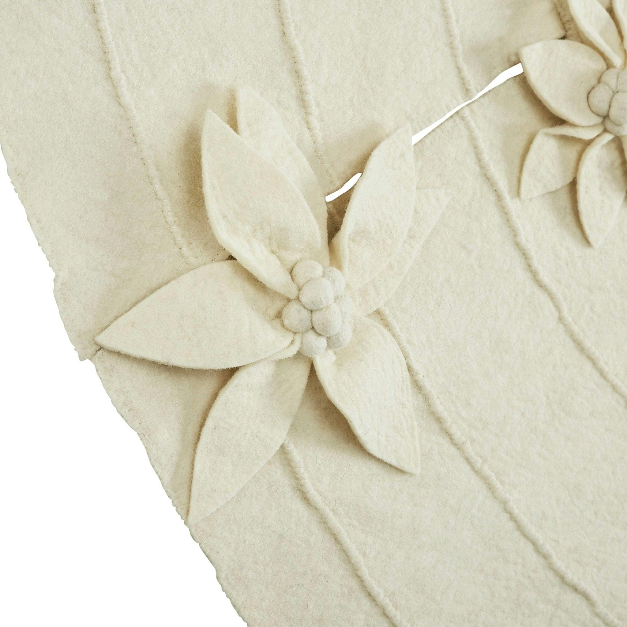 Poinsettia Buttons Cream Hand Felted Wool XL Christmas Tree Skirt 72