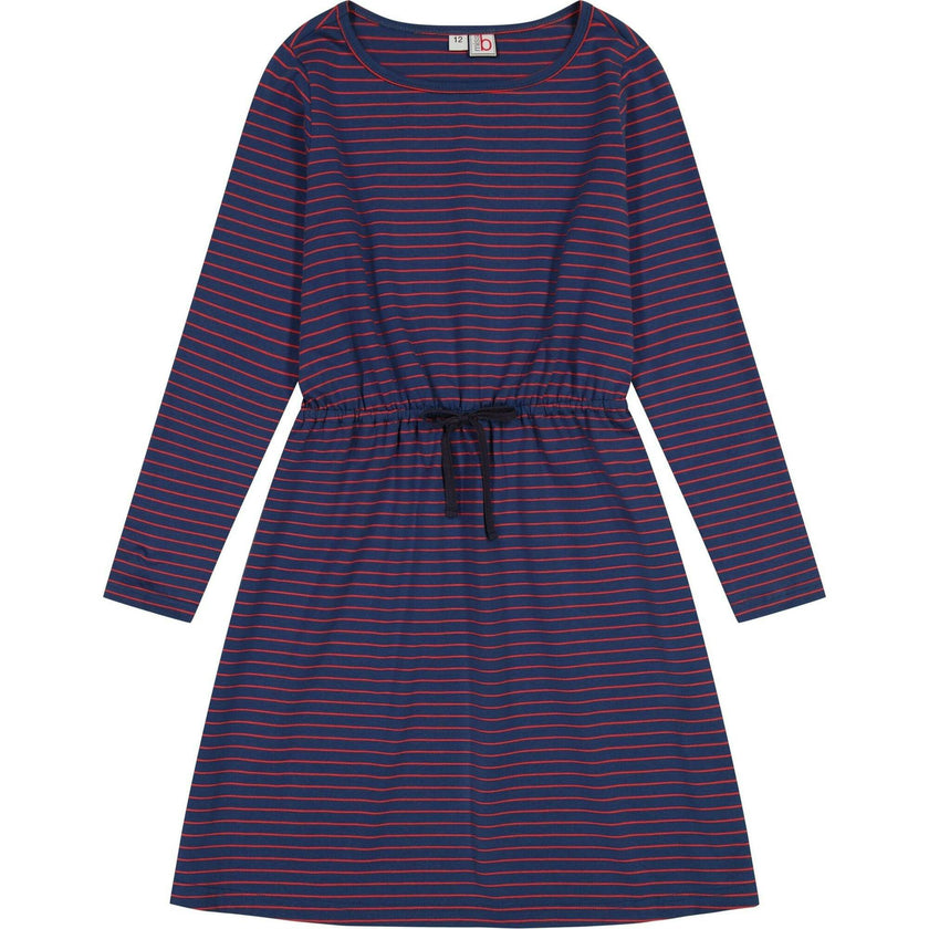 Lila Mini Striped Round Neck Long Sleeve Drawstring Dress, Multi
