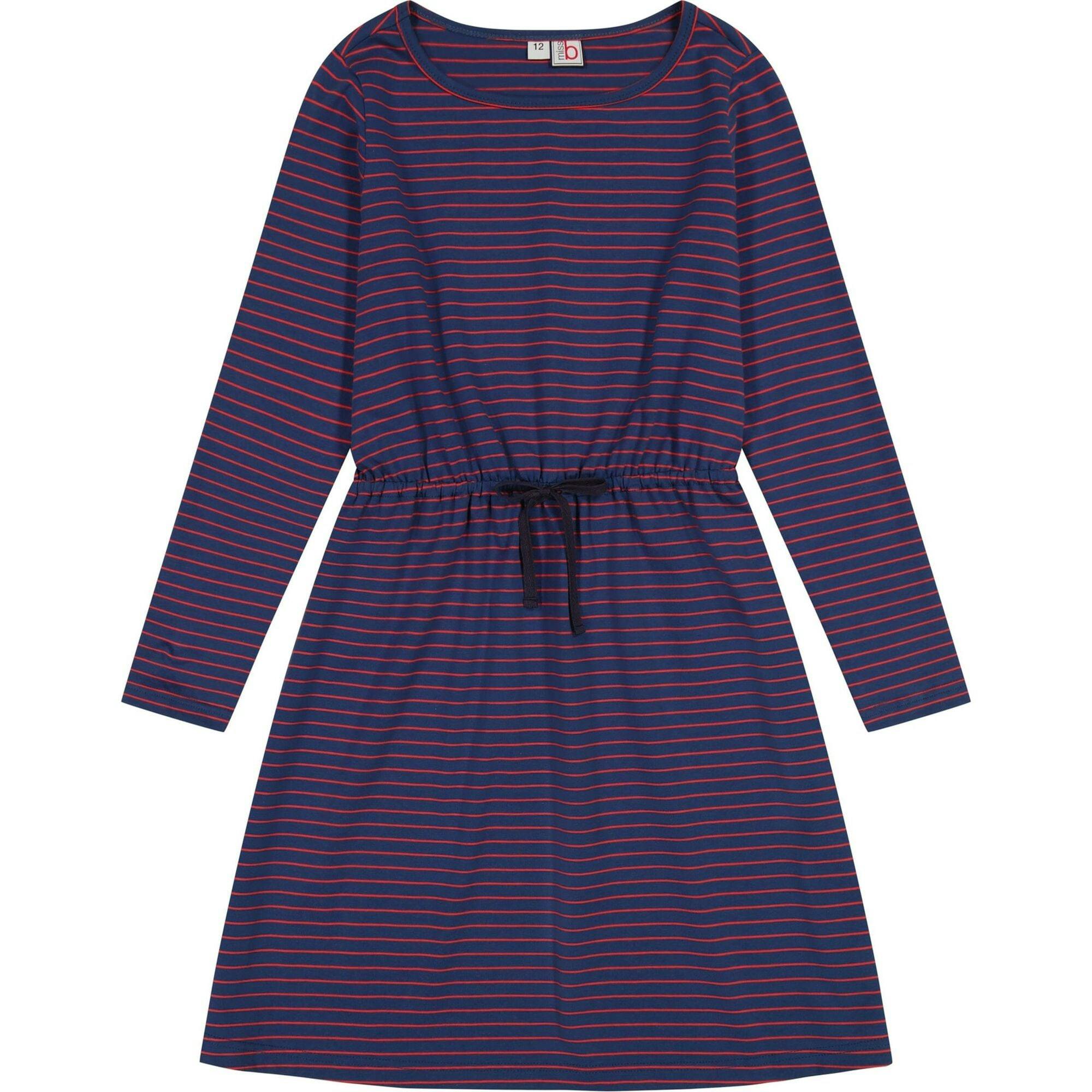 Lila Mini Striped Round Neck Long Sleeve Drawstring Dress, Multi