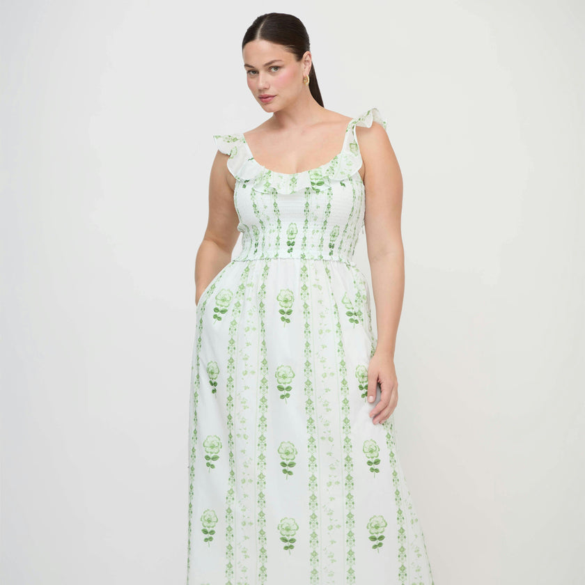 The Cambria Nap Dress - White/Green Arcadia Border