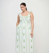 The Cambria Nap Dress - White/Green Arcadia Border