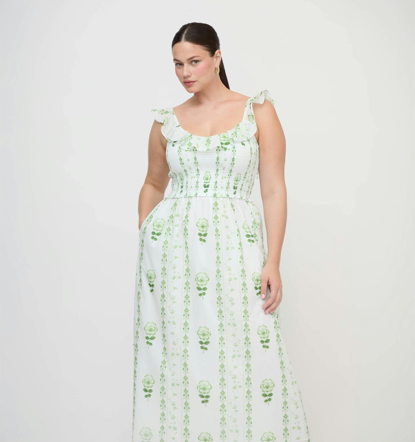 The Cambria Nap Dress - White/Green Arcadia Border
