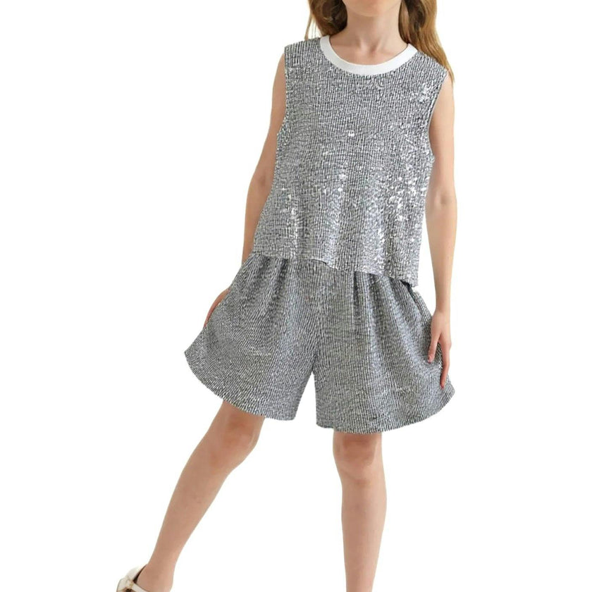 Silver Sequin Sleeveless Shorts Set