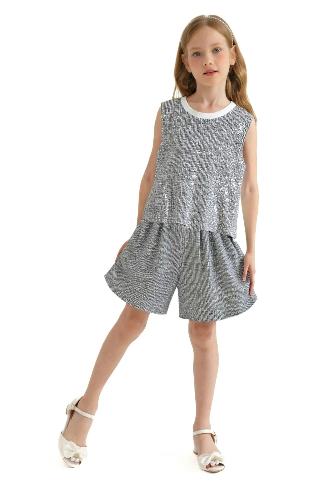 Silver Sequin Sleeveless Shorts Set