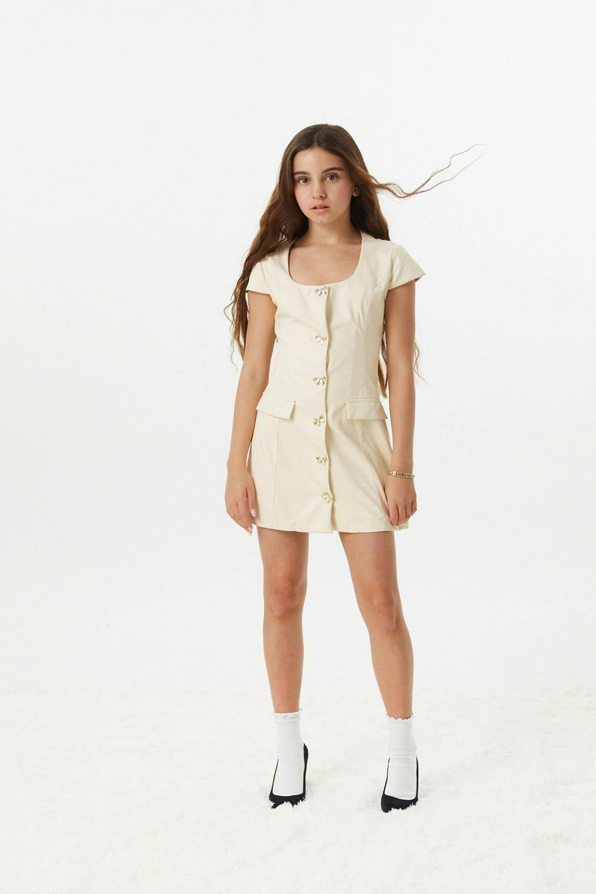 Zoe Cream Dress With Bow Buttons Vegan Leather Cap Sleeve