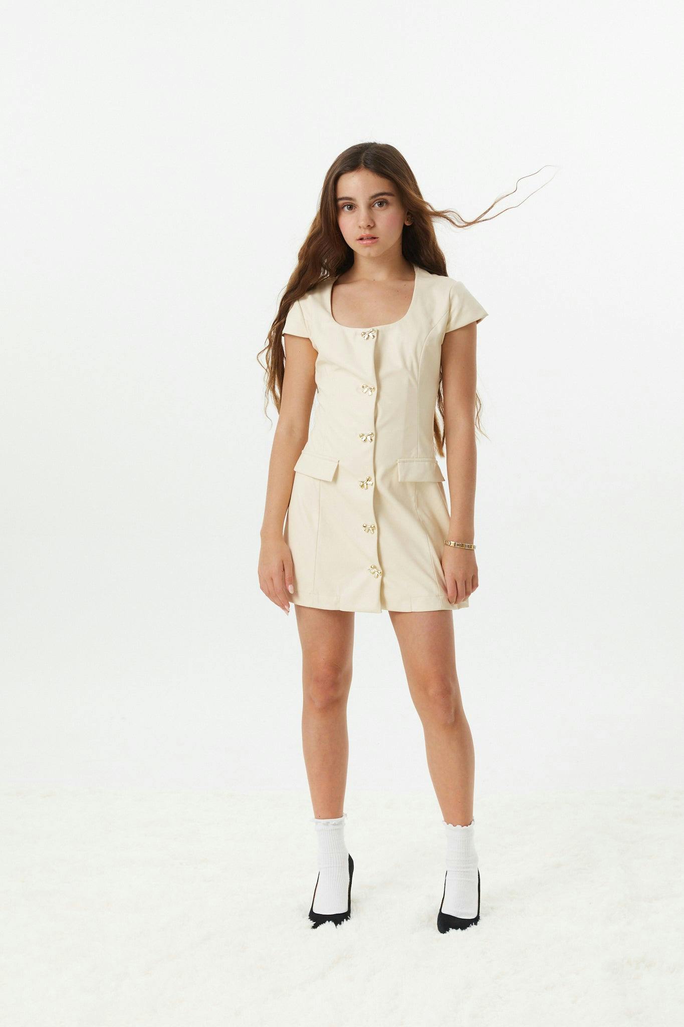 Zoe Cream Dress With Bow Buttons Vegan Leather Cap Sleeve