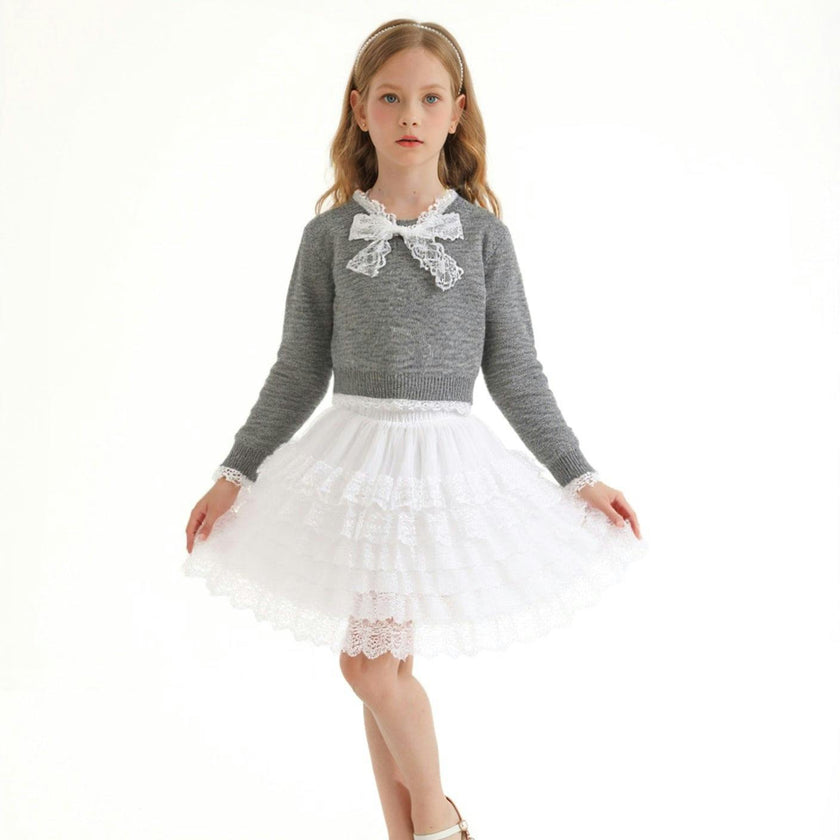 Gray Lace-Bow Top with Tiered Skirt