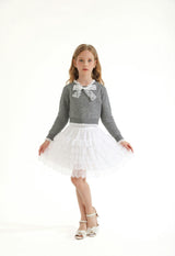 Gray Lace-Bow Top with Tiered Skirt