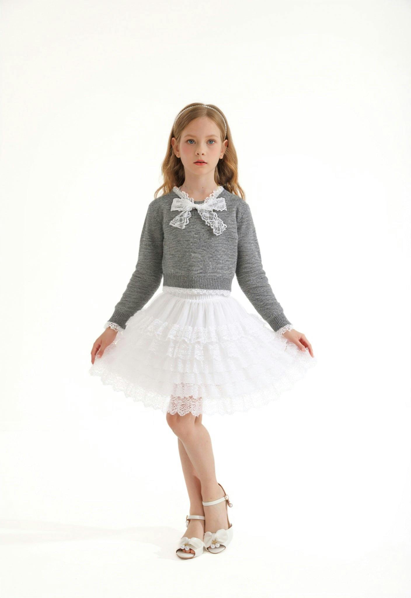Gray Lace-Bow Top with Tiered Skirt