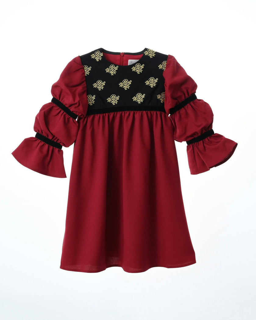 Bella dress (burgundy with golden embroidery blooms)