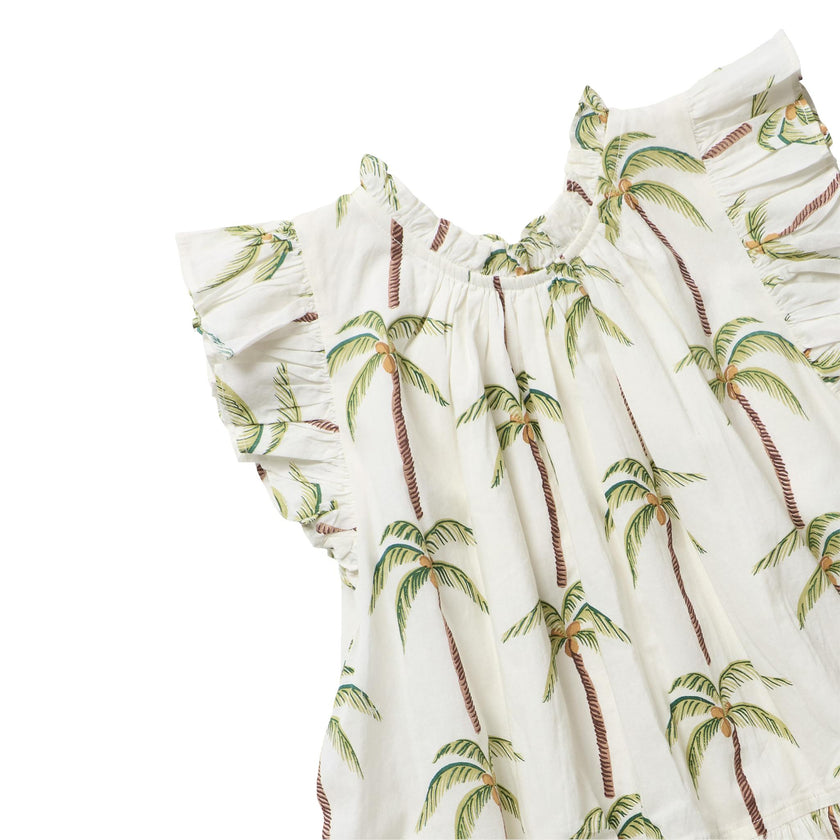 Girls Harper Dress - Cream Palm Trees