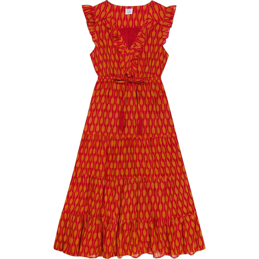 Women's Giselle Ikat V-Neck Ruffle Sleeve Maxi Dress, Red