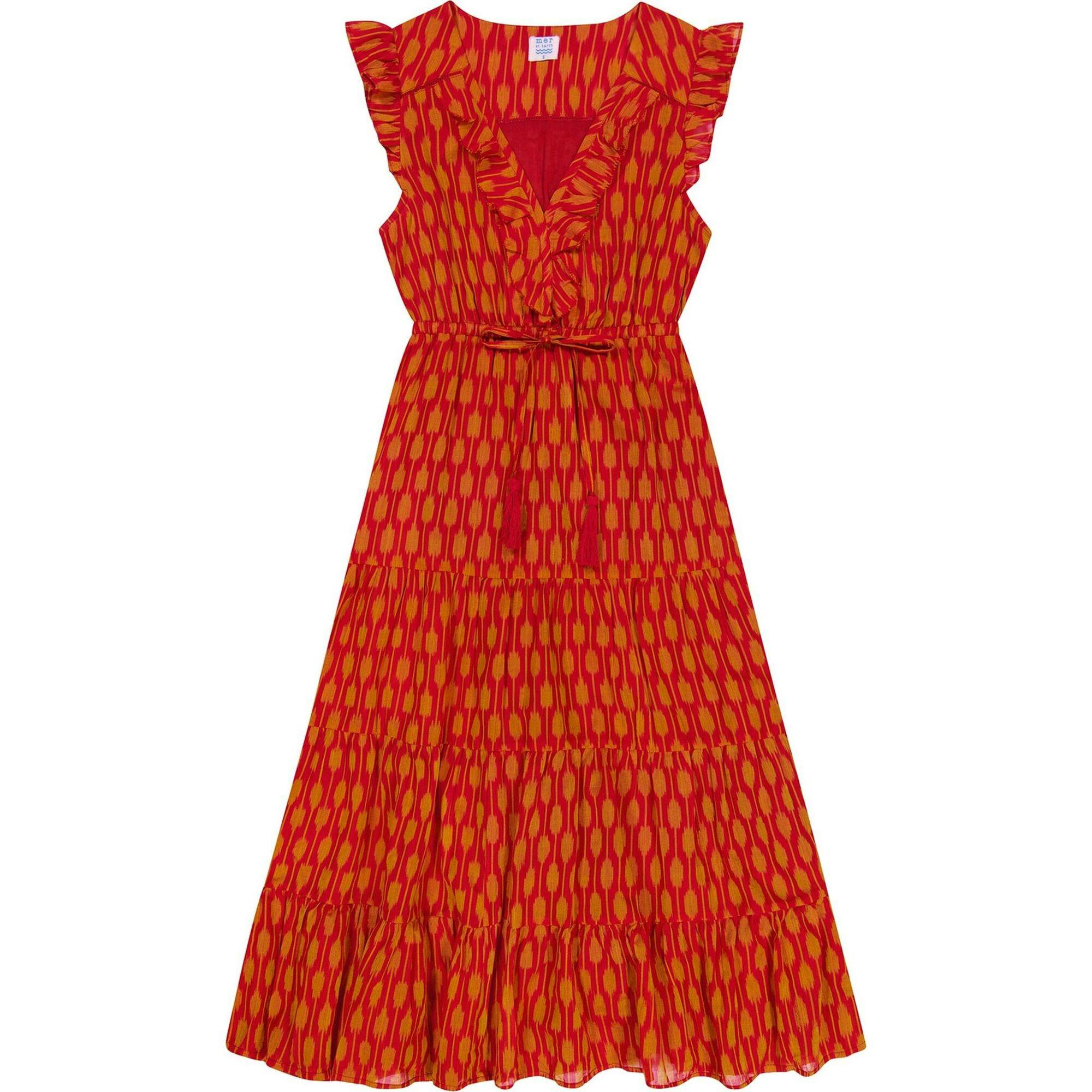 Women's Giselle Ikat V-Neck Ruffle Sleeve Maxi Dress, Red