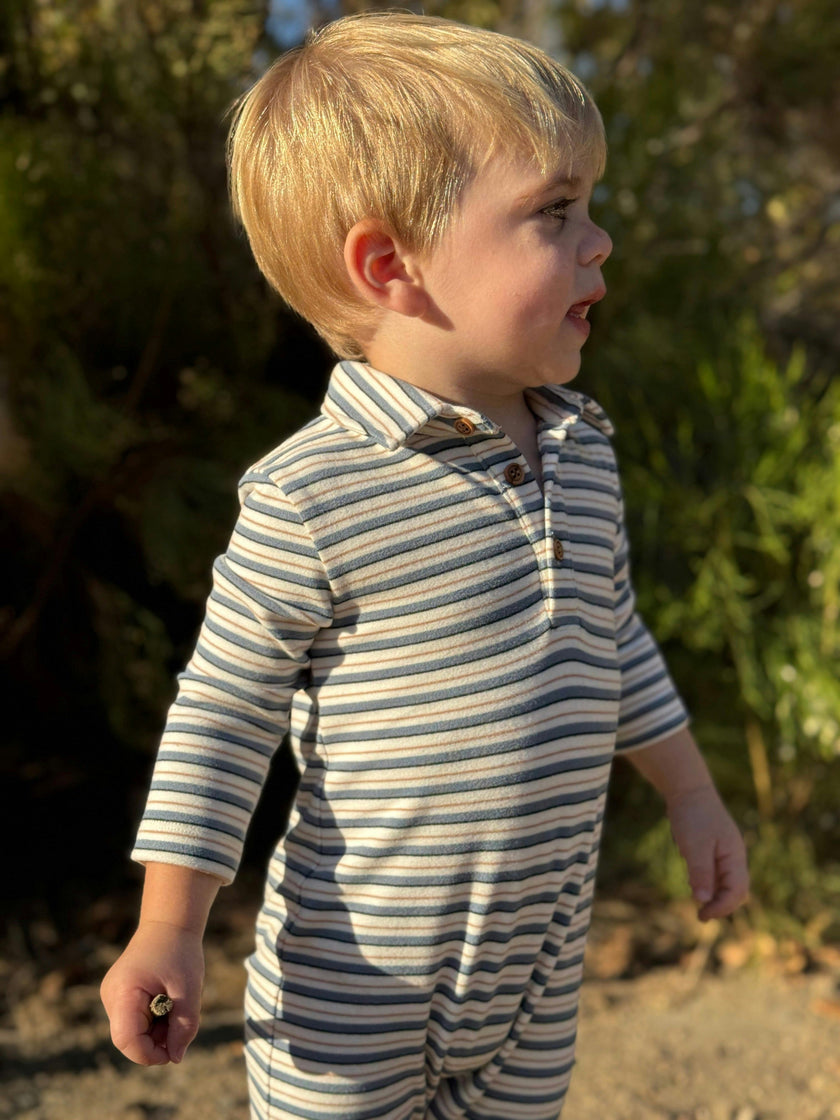 Snuggle China/white stripe cosy fabric Polo Romper