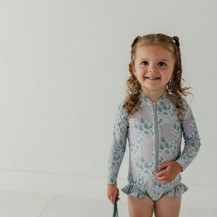 Girls One-Piece Ruffle Rash Guard Swimsuit in Makeup