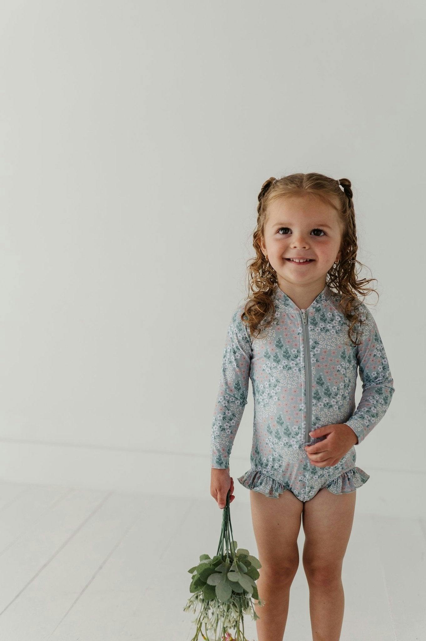 Girl's One-Piece Ruffle Rash Guard Swimsuit