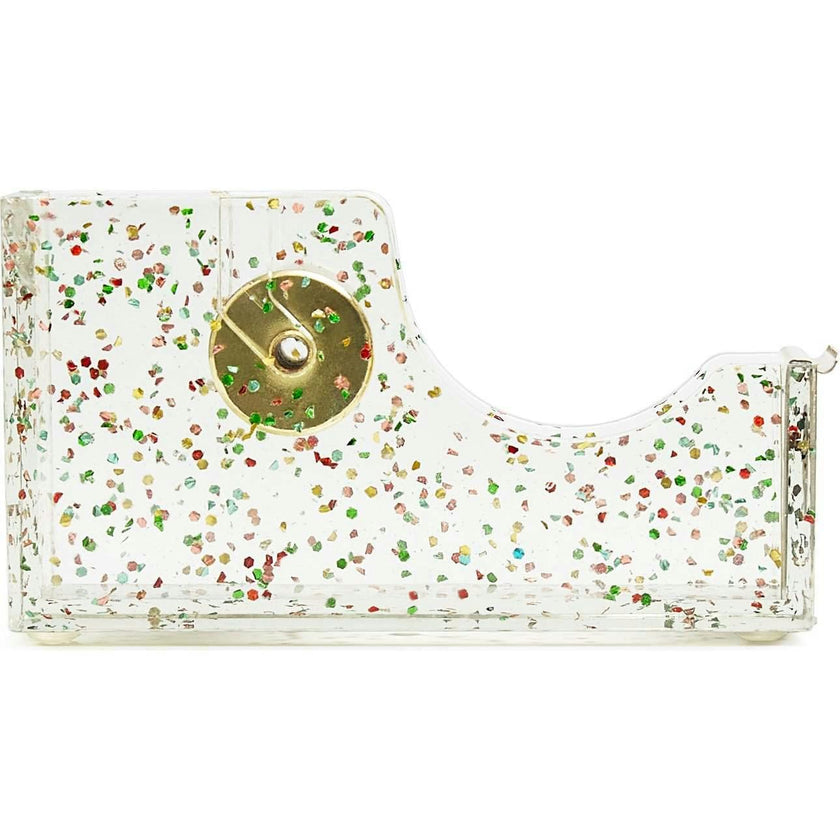 Packed Party Confetti Party Acrylic Tape Dispenser - Clear Confetti-Injected Acrylic with Gold Metal Hardware and Weighted Base for Home School and Office Desks