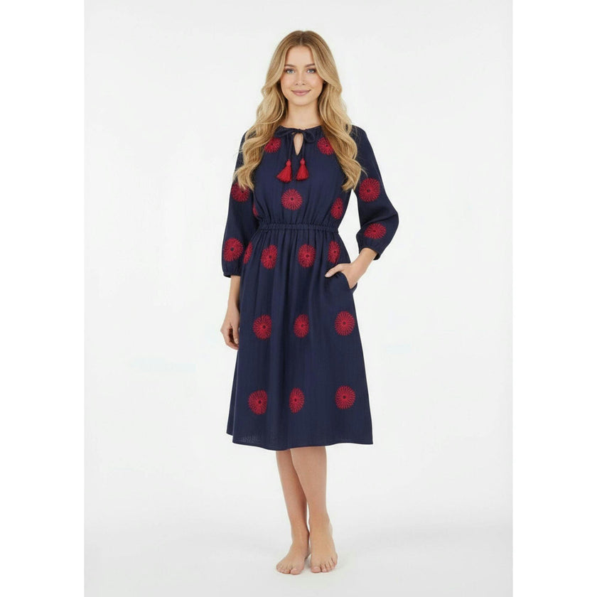Solange Women's Popover Dress Navy Flower Embroidery, Blue