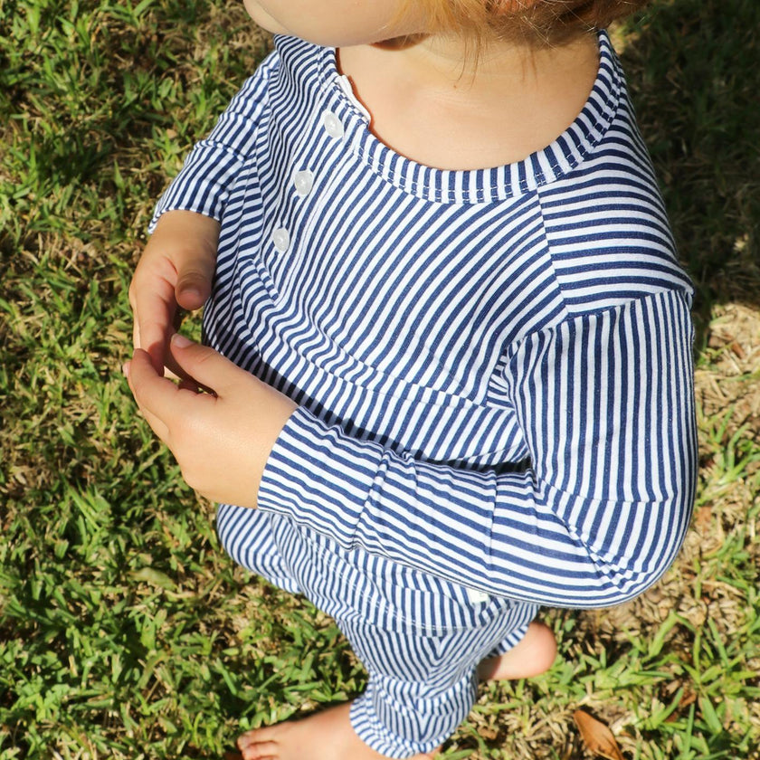 unisex navy stripe pima pajamas set