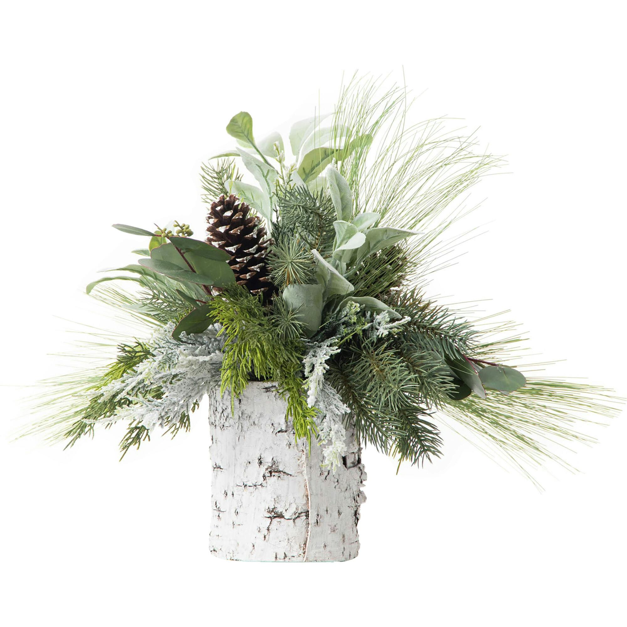 Mixed Winter Greenery & Pinecone Rustic Arrangement in White Birch Cylinder