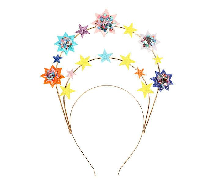 Packed Party Confetti Star Novelty Headband - Two-Tier Gold Metal Headband with Shakeable Confetti-Filled Vinyl Stars and Gold Glitter Accents, One Size