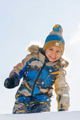 Kids One Piece Play Snowsuit Grey And Blue Dinosaur Print