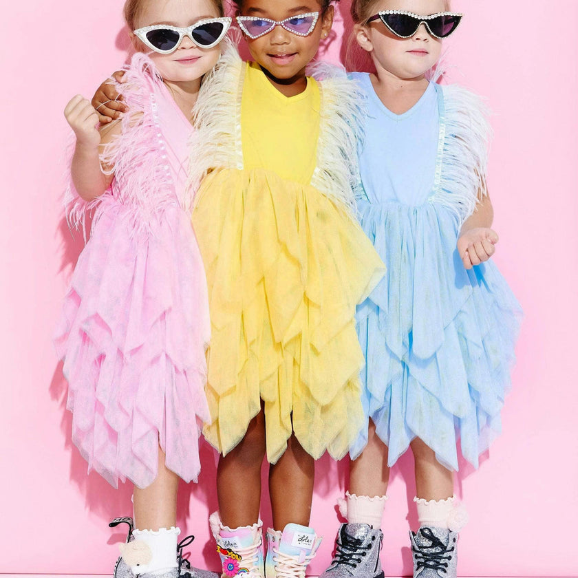 Gigi Feather Sleeve Tired Tulle Dress