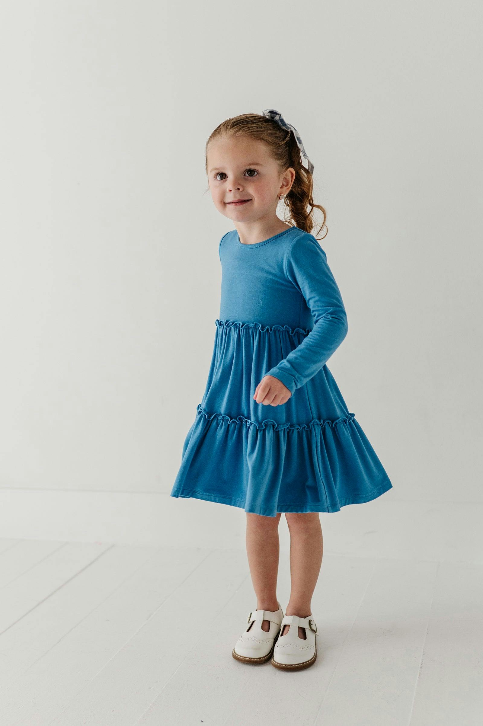 Girls Long Sleeve Double Tiered Dress in Stonewash