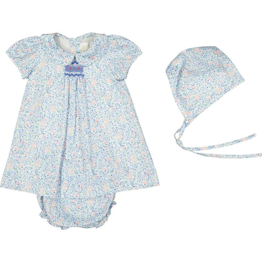 Olympe Blue Floral Smocked Baby Set with Bloomers and Hat
