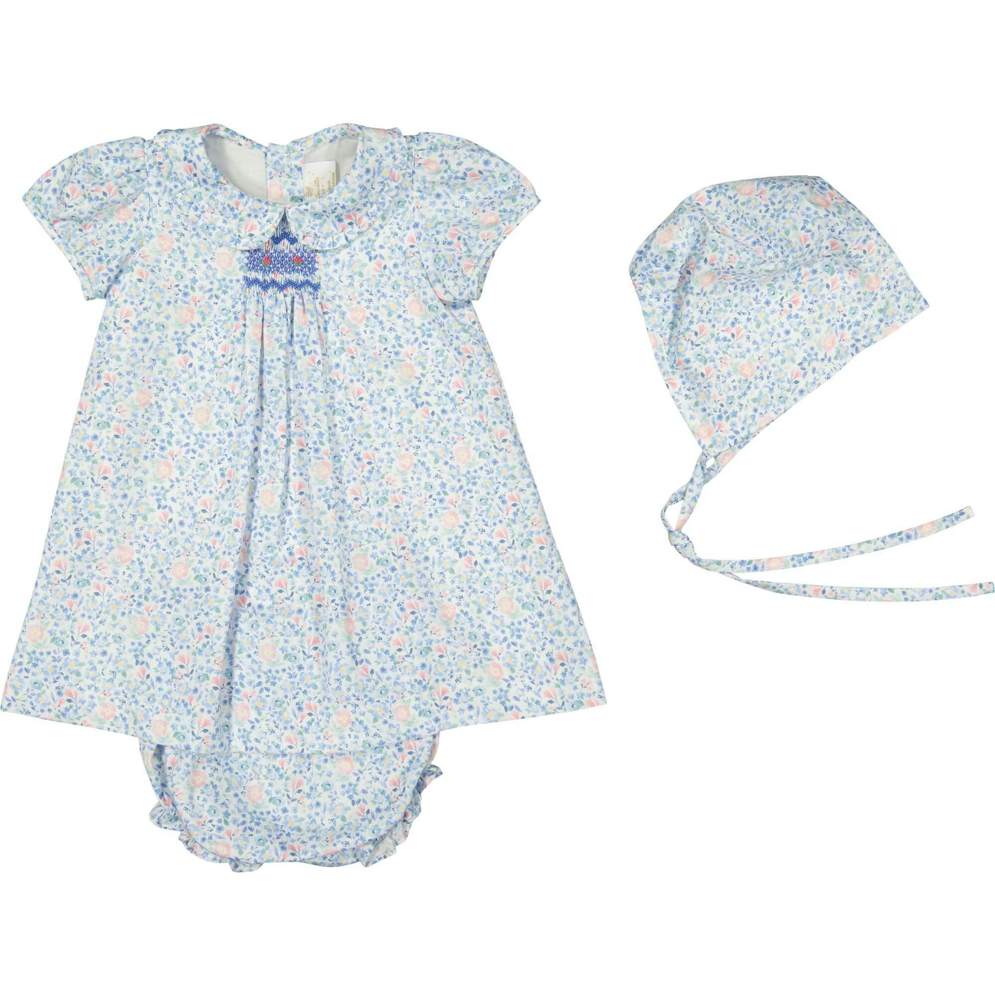 Olympe Blue Floral Smocked Baby Set with Bloomers and Hat