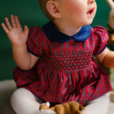 Angelica Navy Tartan Short Sleeve Smocked Bubble