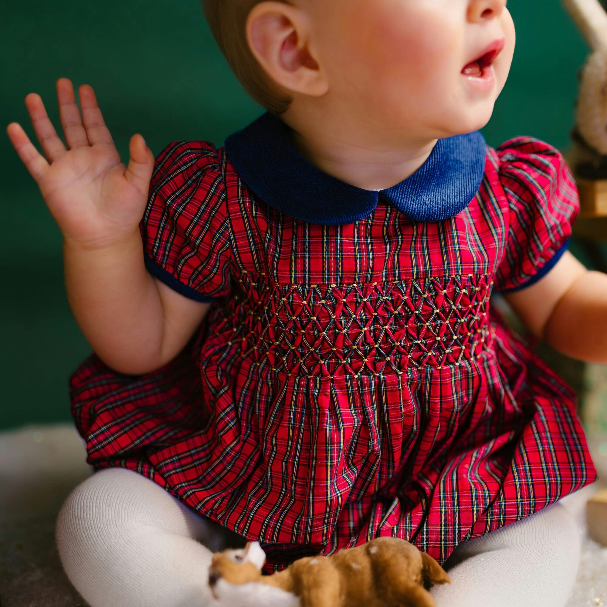 Angelica Navy Tartan Short Sleeve Smocked Bubble